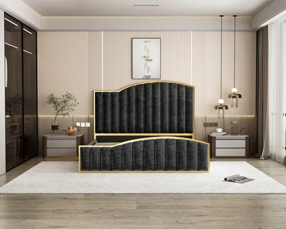 Elegant King Bedframe Charcoal Velvet Fabric with Gas Lift Storage and Golden Trim - Mekamart Australia