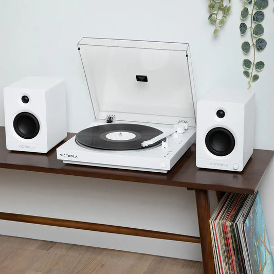 Victrola Automatic Turntable + Victrola Tempo Bookshelf Speakers Bundle - White