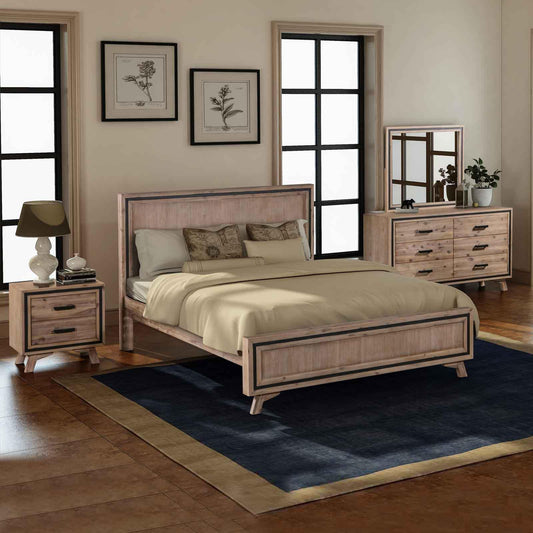 4 Pieces Bedroom Suite Queen Size Silver Brush in Acacia Wood Construction Bed, Bedside Table & Dresser - Mekamart Australia