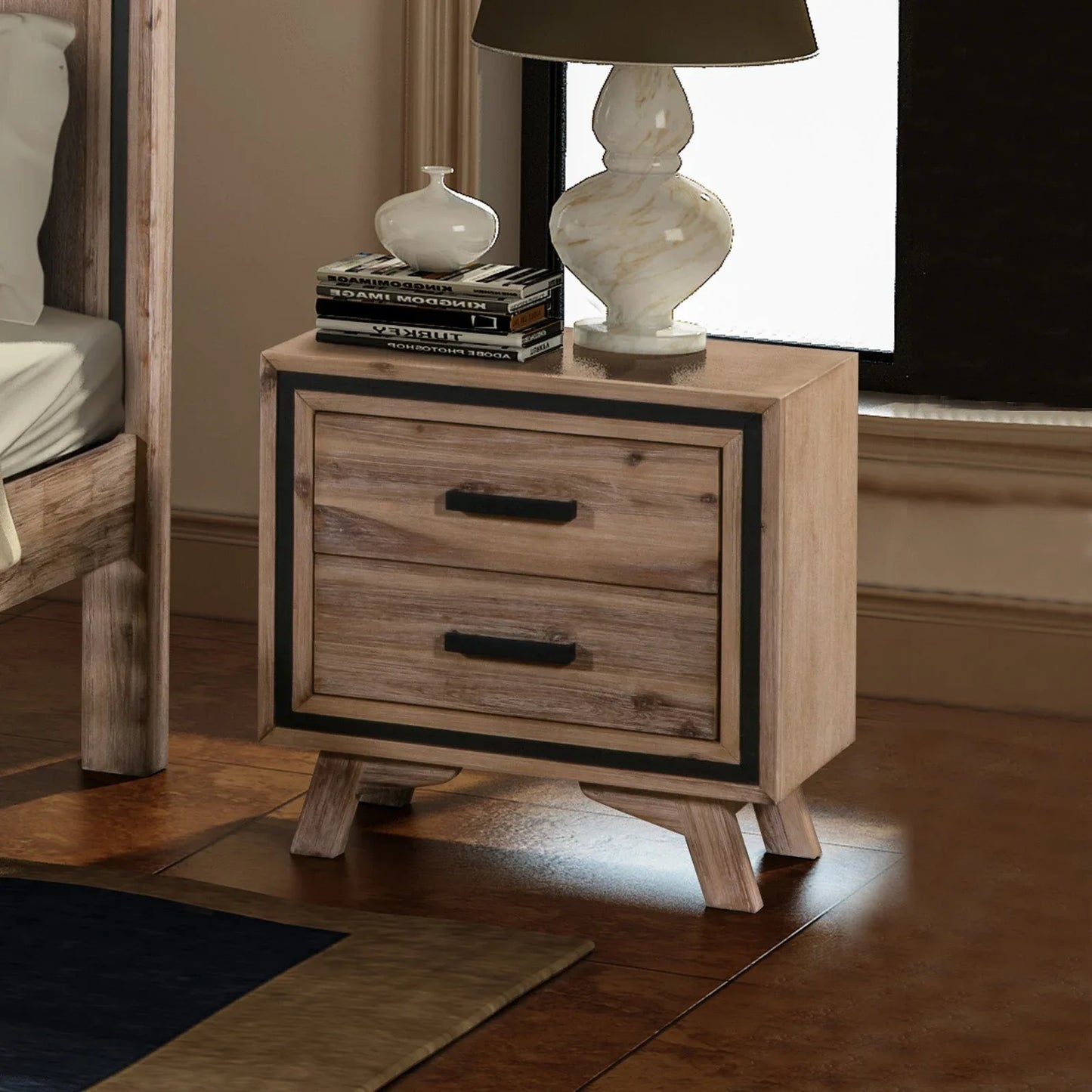 4 Pieces Bedroom Suite Queen Size Silver Brush in Acacia Wood Construction Bed, Bedside Table & Dresser - Mekamart Australia