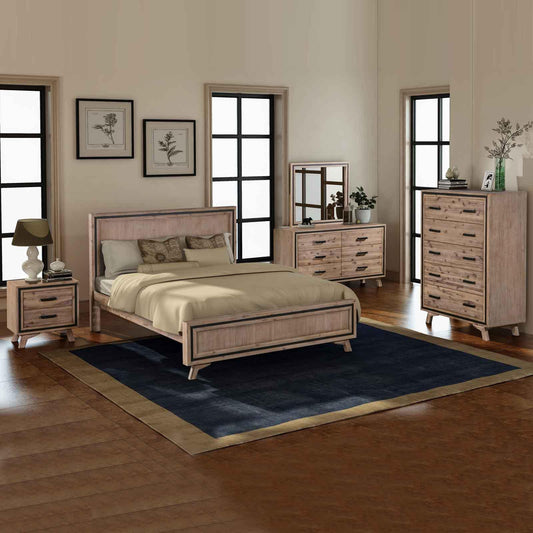 5 Pieces Bedroom Suite Queen Size Silver Brush in Acacia Wood Construction Bed, Bedside Table, Tallboy & Dresser - Mekamart Australia