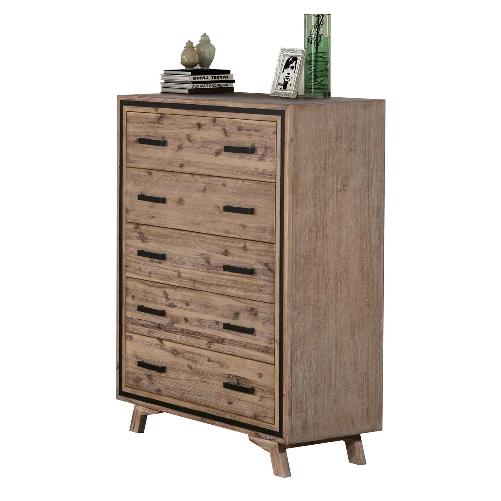 5 Pieces Bedroom Suite Queen Size Silver Brush in Acacia Wood Construction Bed, Bedside Table, Tallboy & Dresser - Mekamart Australia