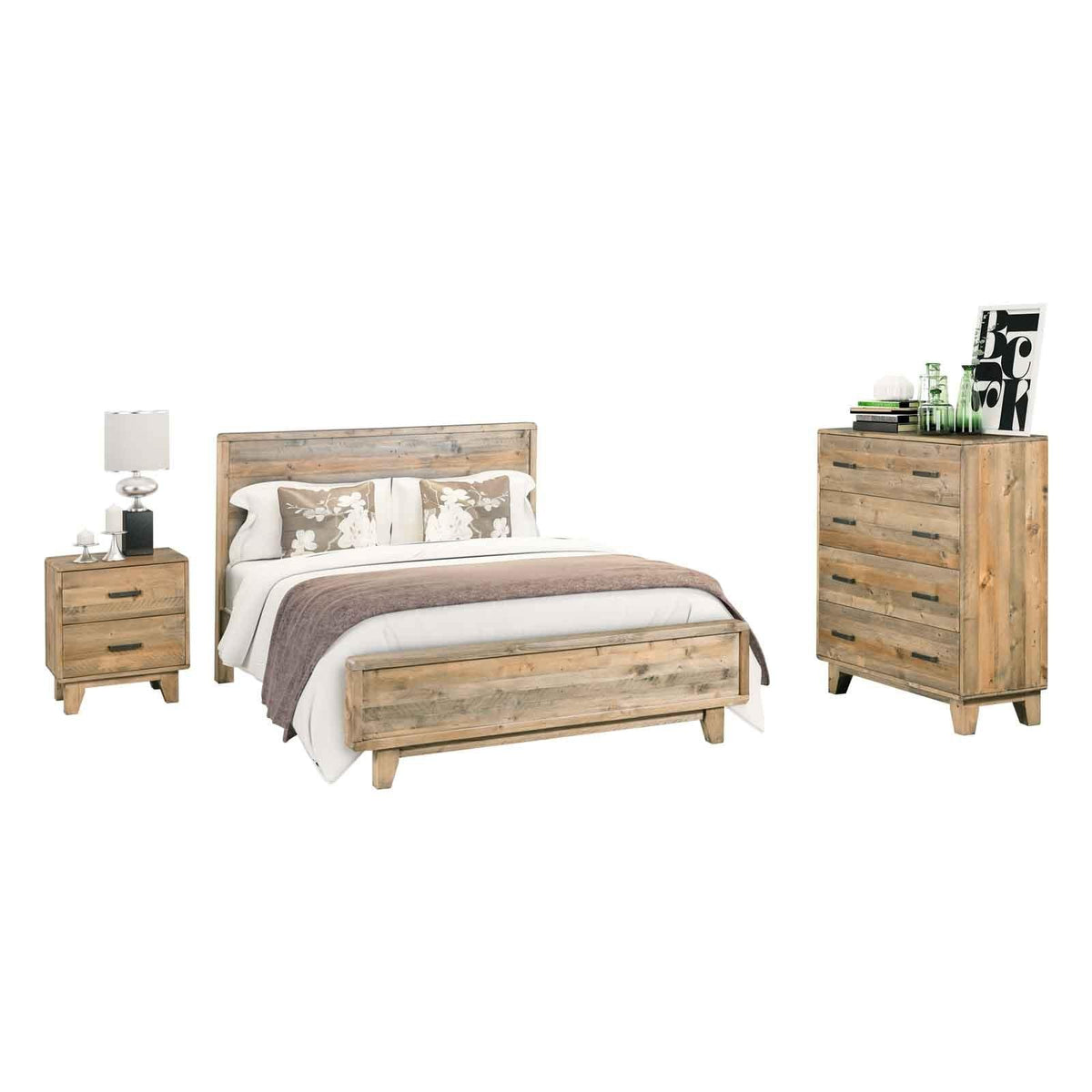 4 Pieces Bedroom Suite Double Size in Solid Wood Antique Design Light Brown Bed, Bedside Table & Tallboy - Mekamart Australia