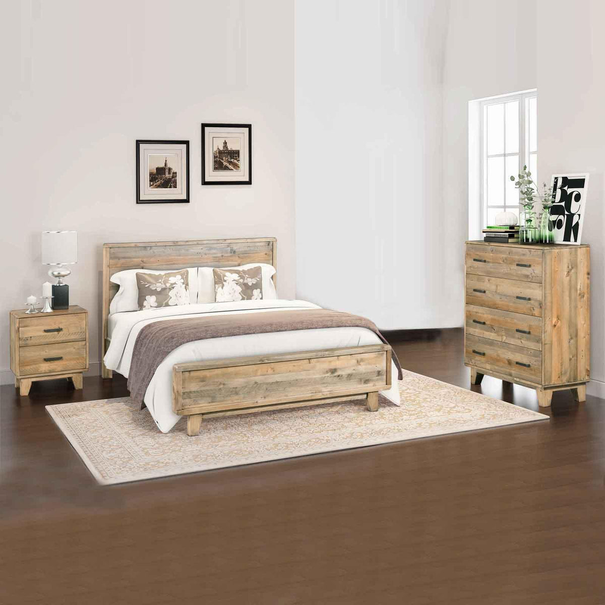 4 Pieces Bedroom Suite Queen Size in Solid Wood Antique Design Light Brown Bed, Bedside Table & Tallboy - Mekamart Australia