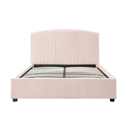 Camelia Double Size Bed Frame Pink Velvet Upholstery High Headboard Quality Slats Metal Structure - Mekamart Australia