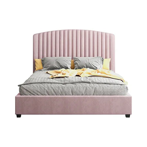 Camelia King Single Size Bed Frame Pink Velvet Upholstery High Headboard Quality Slats Metal Structure - Mekamart Australia