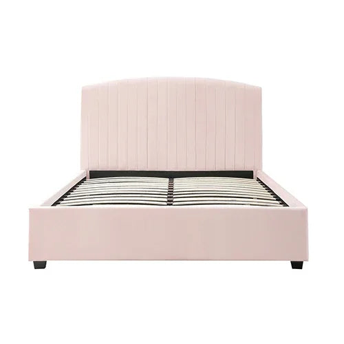 Camelia Queen Size Bed Frame Pink Velvet Upholstery High Headboard Quality Slats Metal Structure - Mekamart Australia