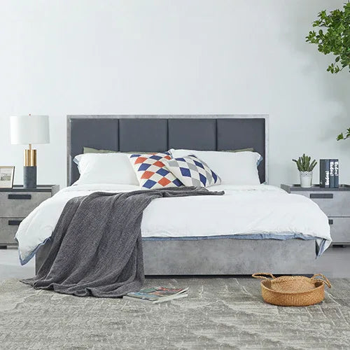 Queen Bed Frame Fabric Upholstery MDF in Cement Colour - Mekamart Australia