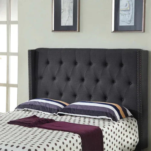 Bed Head Queen Charcoal Headboard Upholstery Fabric Studded Buttons - Mekamart Australia