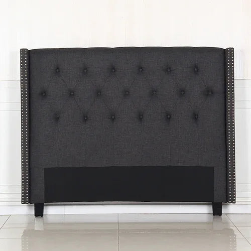 Bed Head Queen Charcoal Headboard Upholstery Fabric Studded Buttons - Mekamart Australia