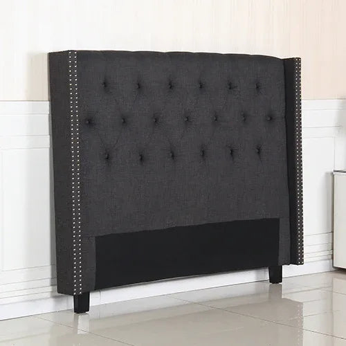 Bed Head Queen Charcoal Headboard Upholstery Fabric Studded Buttons - Mekamart Australia