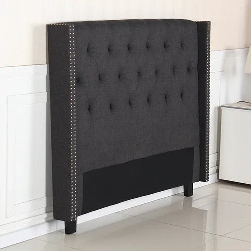 Bed Head Queen Charcoal Headboard Upholstery Fabric Studded Buttons - Mekamart Australia
