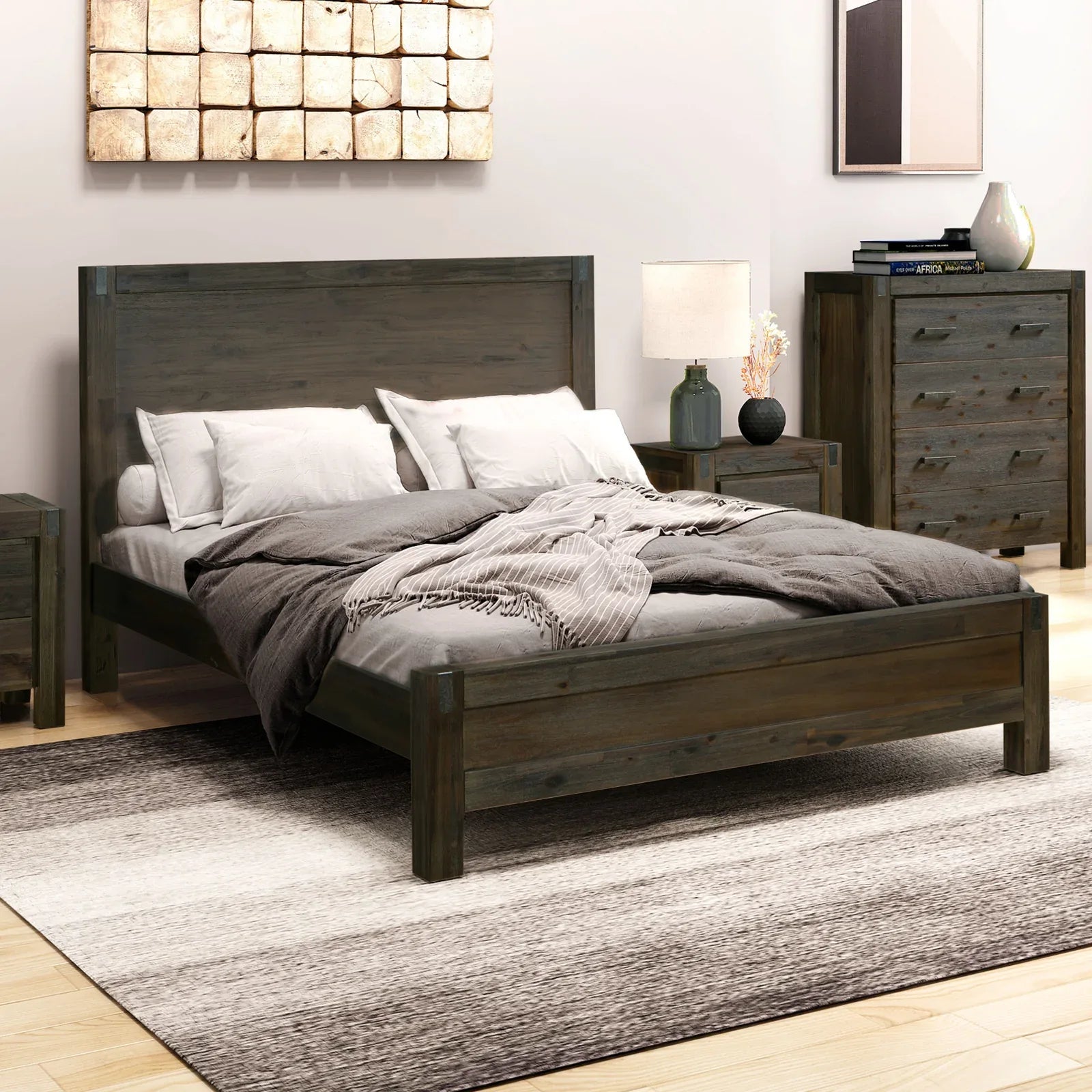 Bed Frame Double Size in Solid Wood Veneered Acacia Bedroom Timber Slat in Chocolate - Mekamart Australia