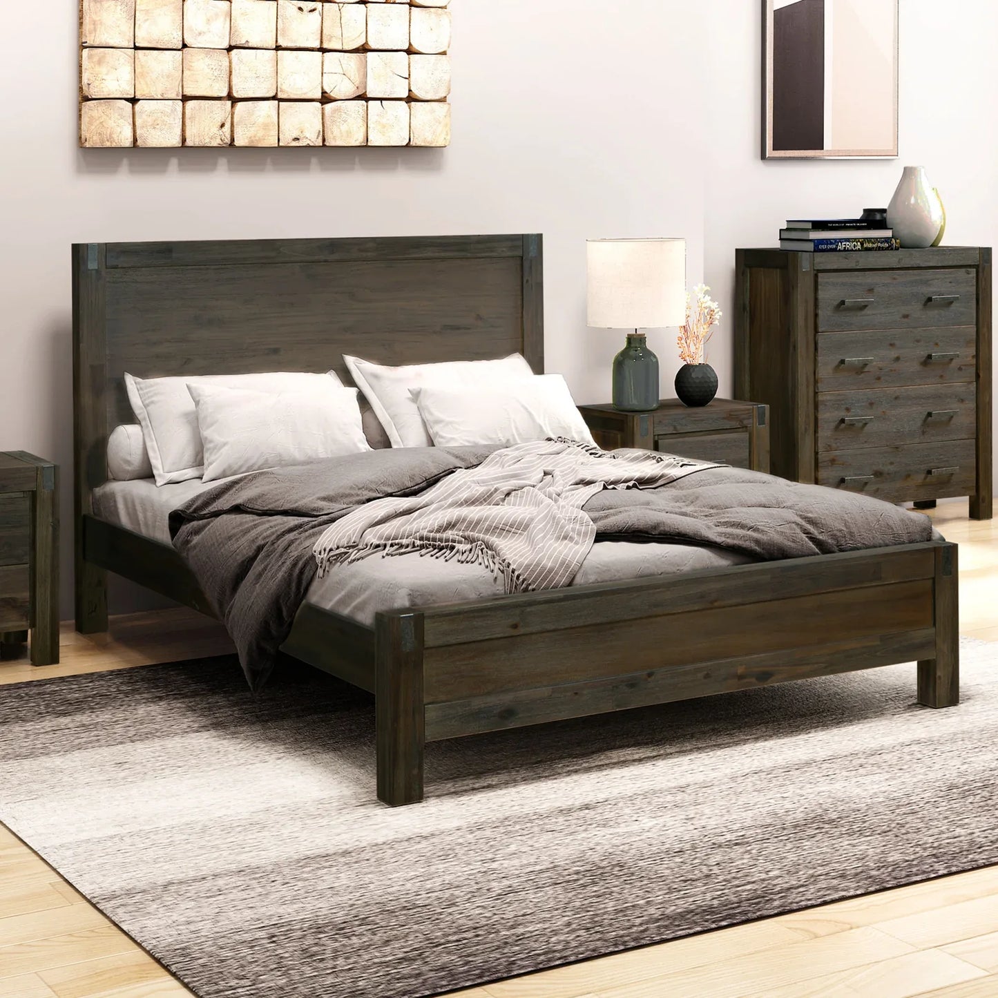 Bed Frame Queen Size in Solid Wood Veneered Acacia Bedroom Timber Slat in Chocolate - Mekamart Australia