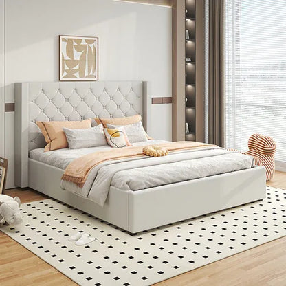 Veronica Bed Frame King Size Winged Grey Linen Fabric Seam Grid Pattern with gas lift plywood metal structure - Mekamart Australia