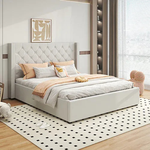 Veronica Bed Frame King Size Winged Grey Linen Fabric Seam Grid Pattern with gas lift plywood metal structure - Mekamart Australia