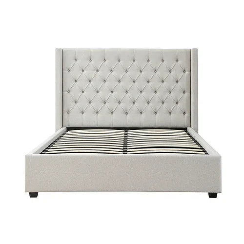 Veronica Bed Frame King Size Winged Grey Linen Fabric Seam Grid Pattern with gas lift plywood metal structure - Mekamart Australia