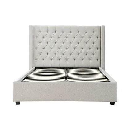Veronica Bed Frame King Size Winged Grey Linen Fabric Seam Grid Pattern with gas lift plywood metal structure - Mekamart Australia