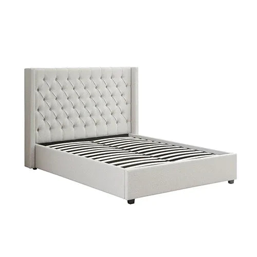 Veronica Bed Frame King Size Winged Grey Linen Fabric Seam Grid Pattern with gas lift plywood metal structure - Mekamart Australia