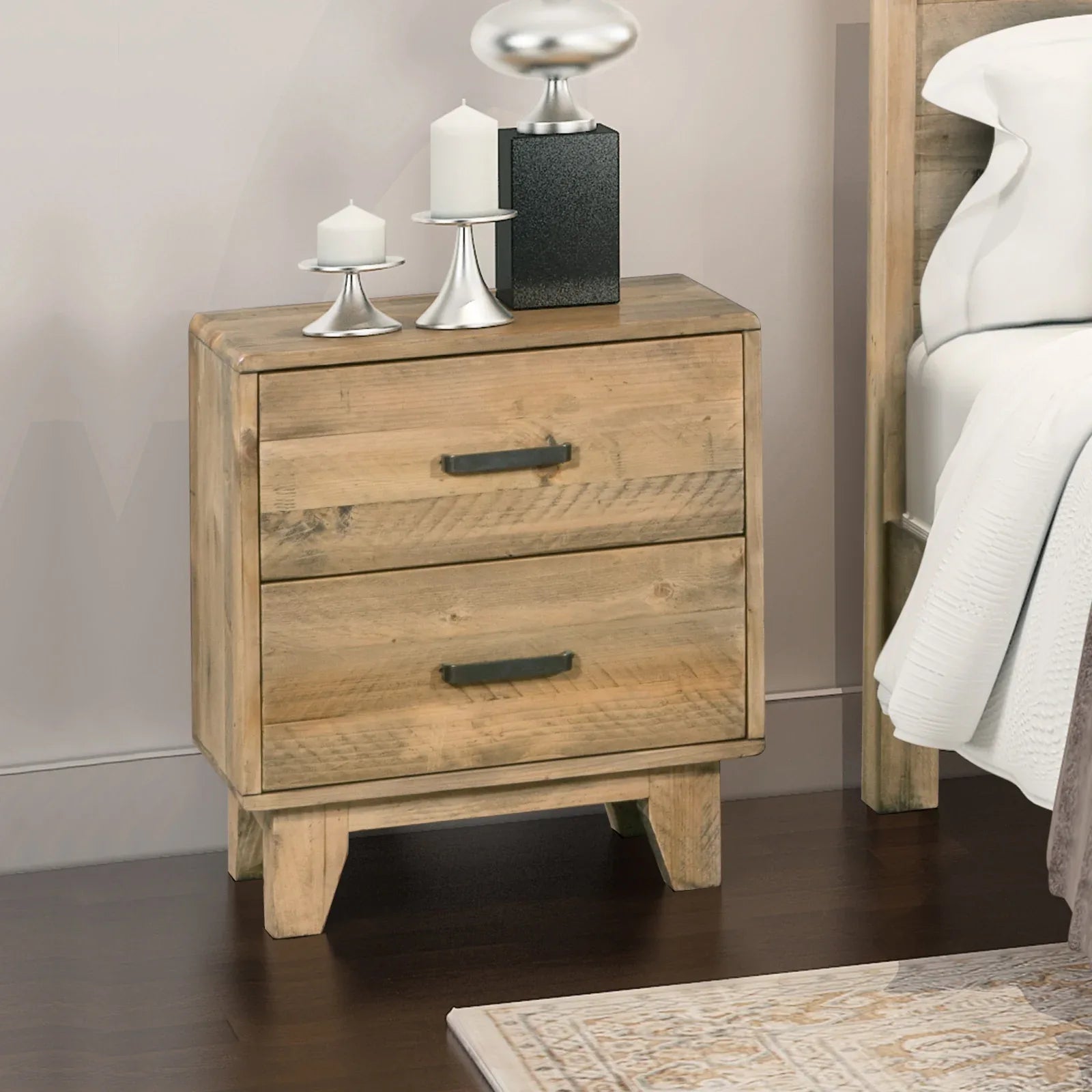 Bedside Table 2 drawers Night Stand Solid Wood Storage Light Brown Colour - Mekamart Australia