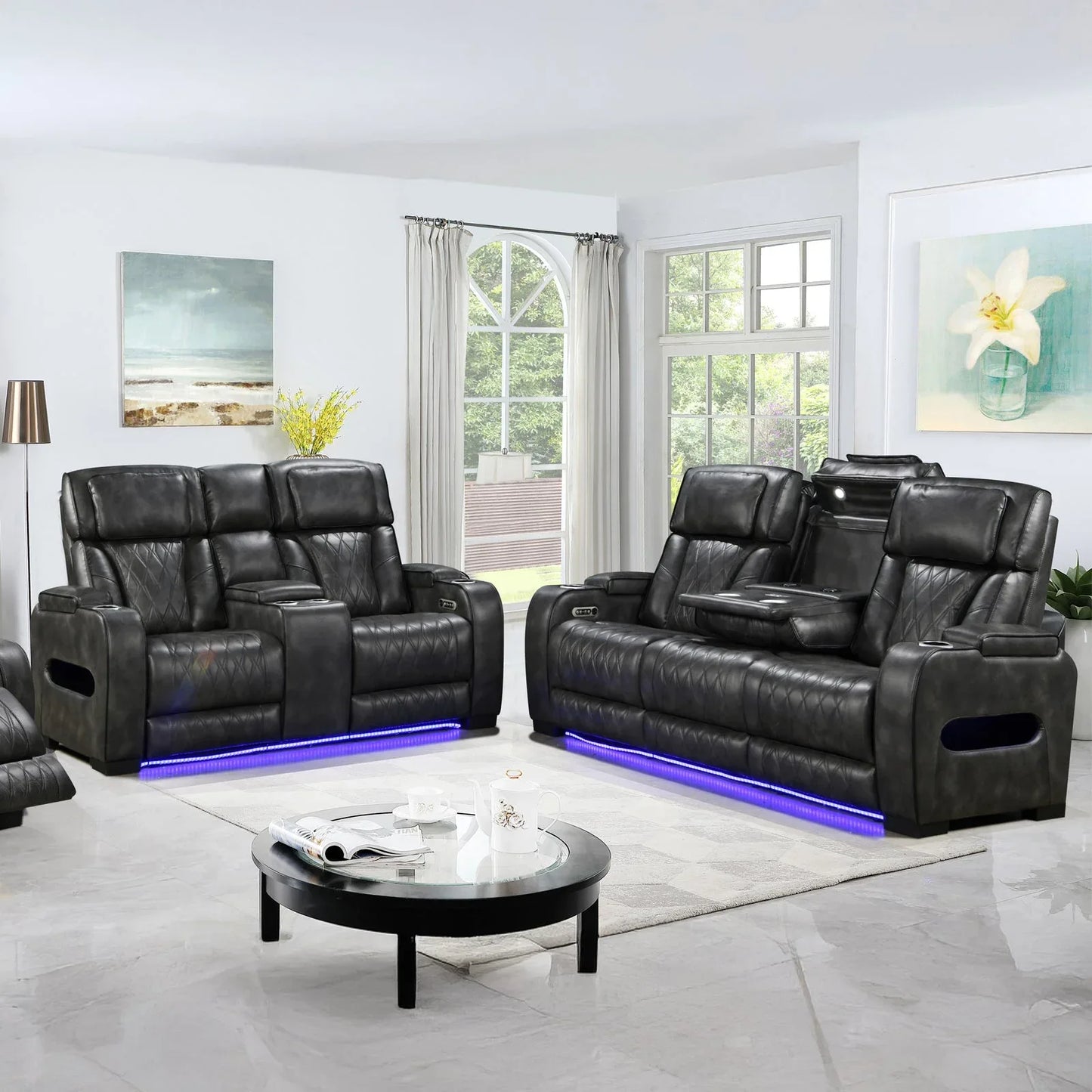 3-2 Seater Electric Air Leather Dark Grey Recliner Set - Mekamart Australia