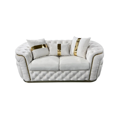2 Seater Sofa Beige Velvet Fabric Solid Wood construction Gold Stainless Steel Trim - Mekamart Australia