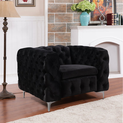 Single Seater Black Sofa Classic Armchair Button Tufted in Velvet Fabric with Metal Legs - Mekamart Australia