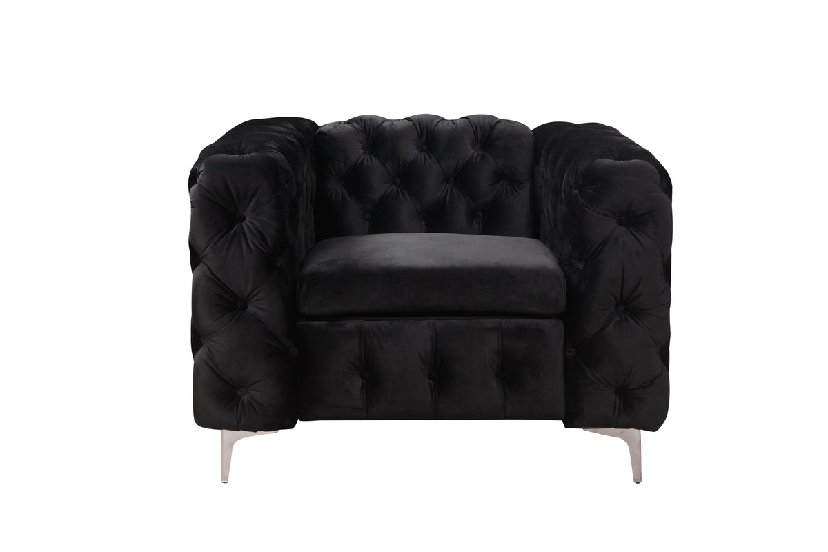 Single Seater Black Sofa Classic Armchair Button Tufted in Velvet Fabric with Metal Legs - Mekamart Australia