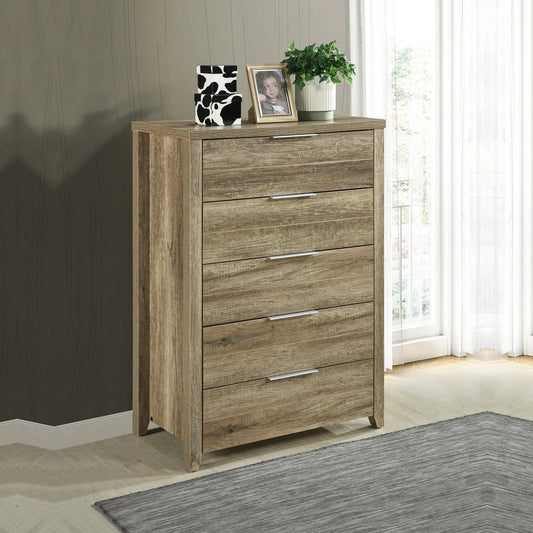 Tallboy with 5 Storage Drawers Natural Wood like MDF in Oak Colour - Mekamart Australia