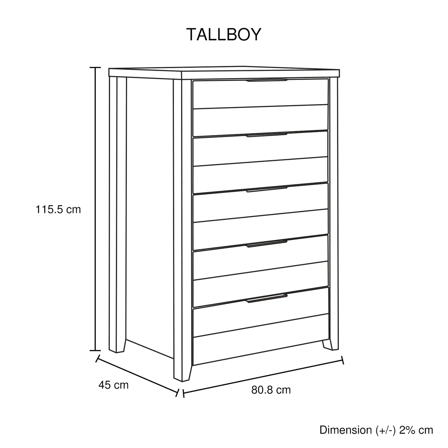 Tallboy with 5 Storage Drawers Natural Wood like MDF in Oak Colour - Mekamart Australia
