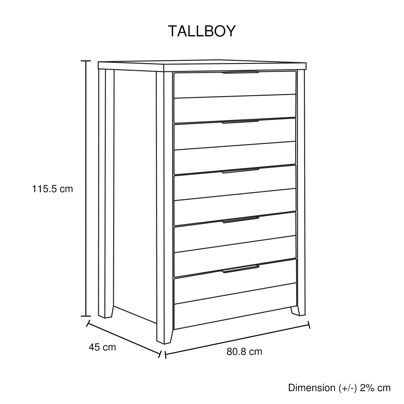 Tallboy with 5 Storage Drawers Natural Wood like MDF in Oak Colour - Mekamart Australia