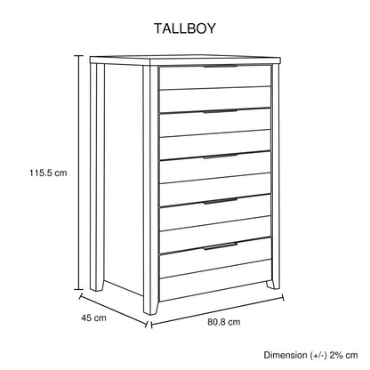 Tallboy with 5 Storage Drawers Natural Wood like MDF in Oak Colour - Mekamart Australia