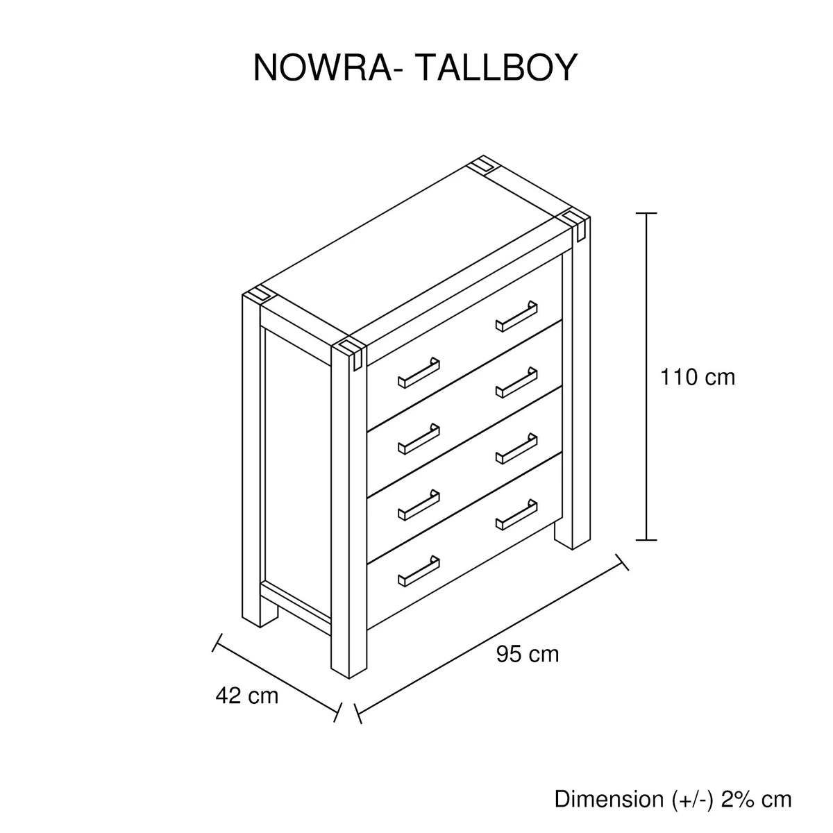 Tallboy with 4 Storage Drawers Solid Wooden Assembled in Chocolate Colour - Mekamart Australia