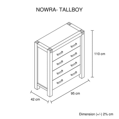 Tallboy with 4 Storage Drawers Solid Wooden Assembled in Chocolate Colour - Mekamart Australia