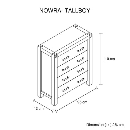 Tallboy with 4 Storage Drawers Solid Wooden Assembled in Oak Colour - Mekamart Australia