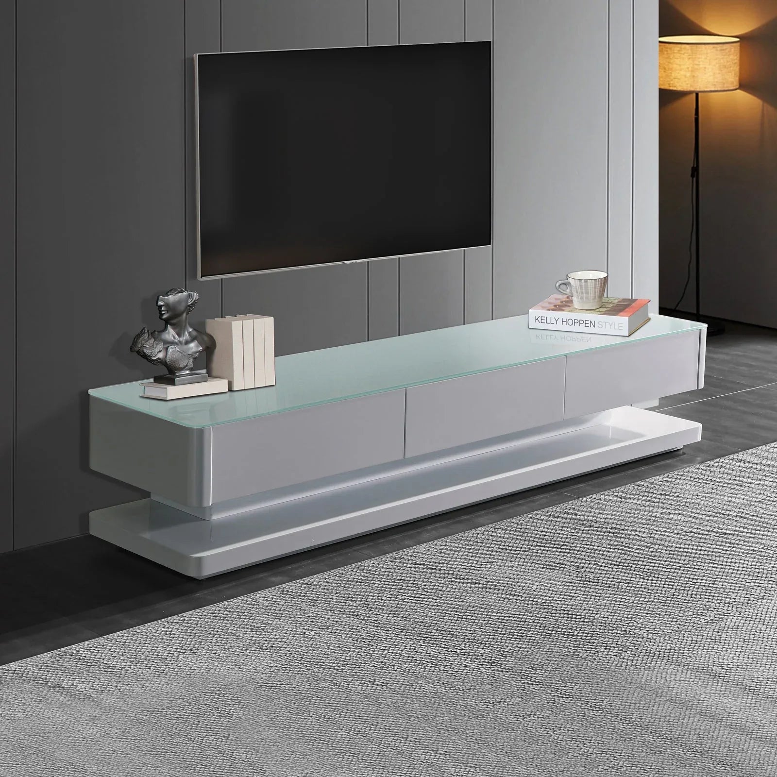 TV Cabinet with 3 Storage Drawers With High Glossy Assembled Entertainment Unit in White colour - Mekamart Australia