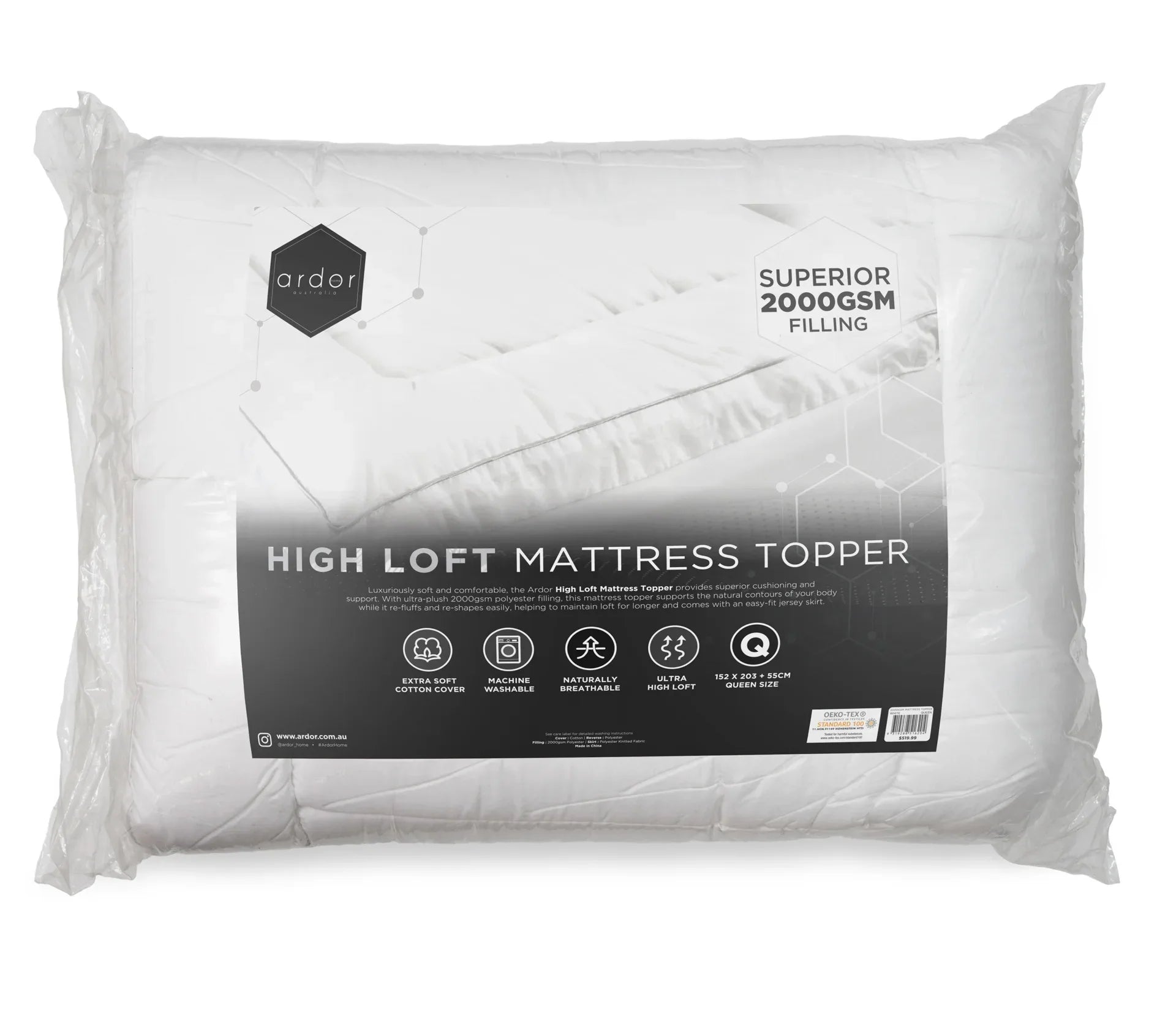 2000GSM STANDARD MICROFIBRE MATTRESS TOPPER - DOUBLE - Mekamart Australia