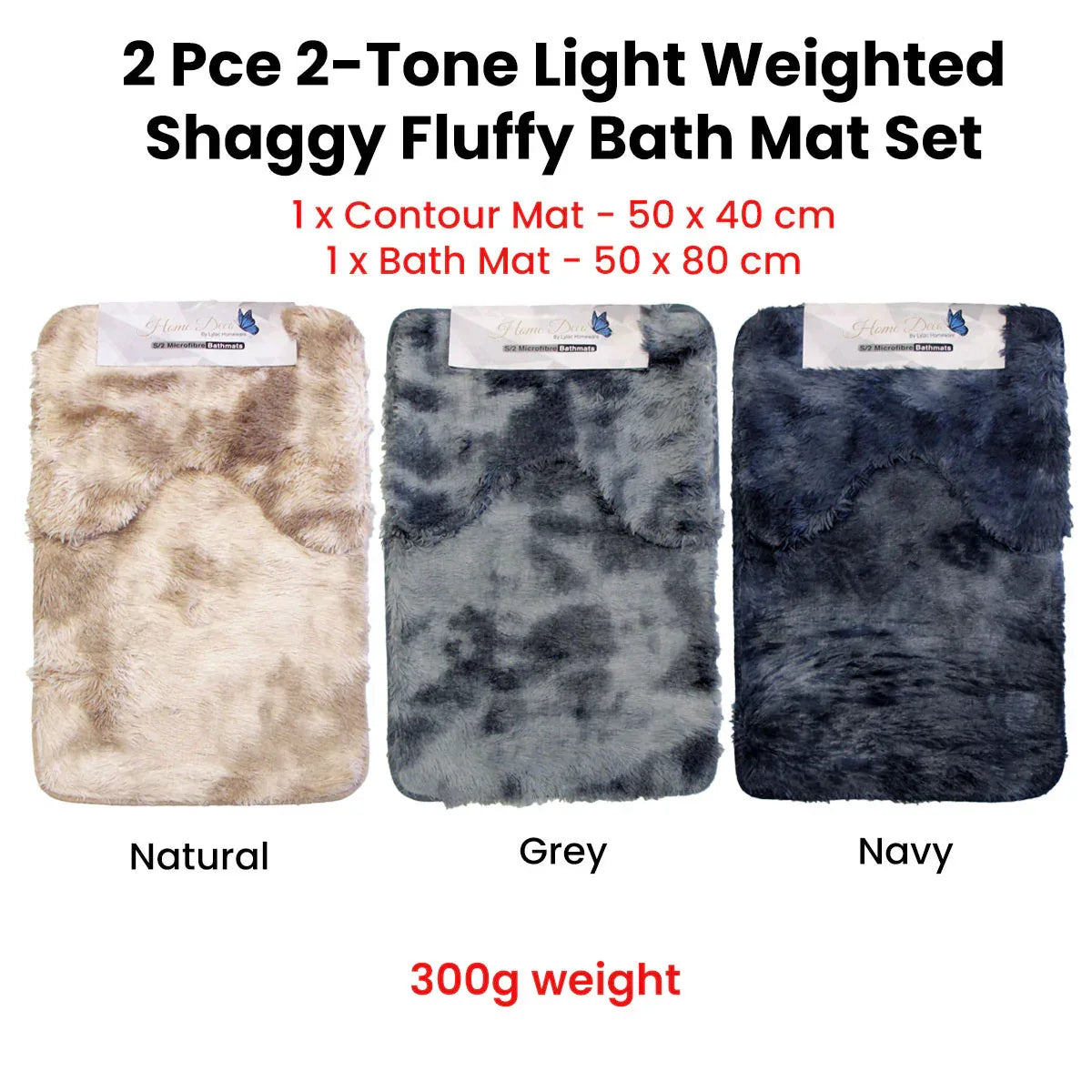 2 Pce 2-Toned Extra Light Weighted Shaggy Fluffy Bath Mat Set Navy - Mekamart Australia