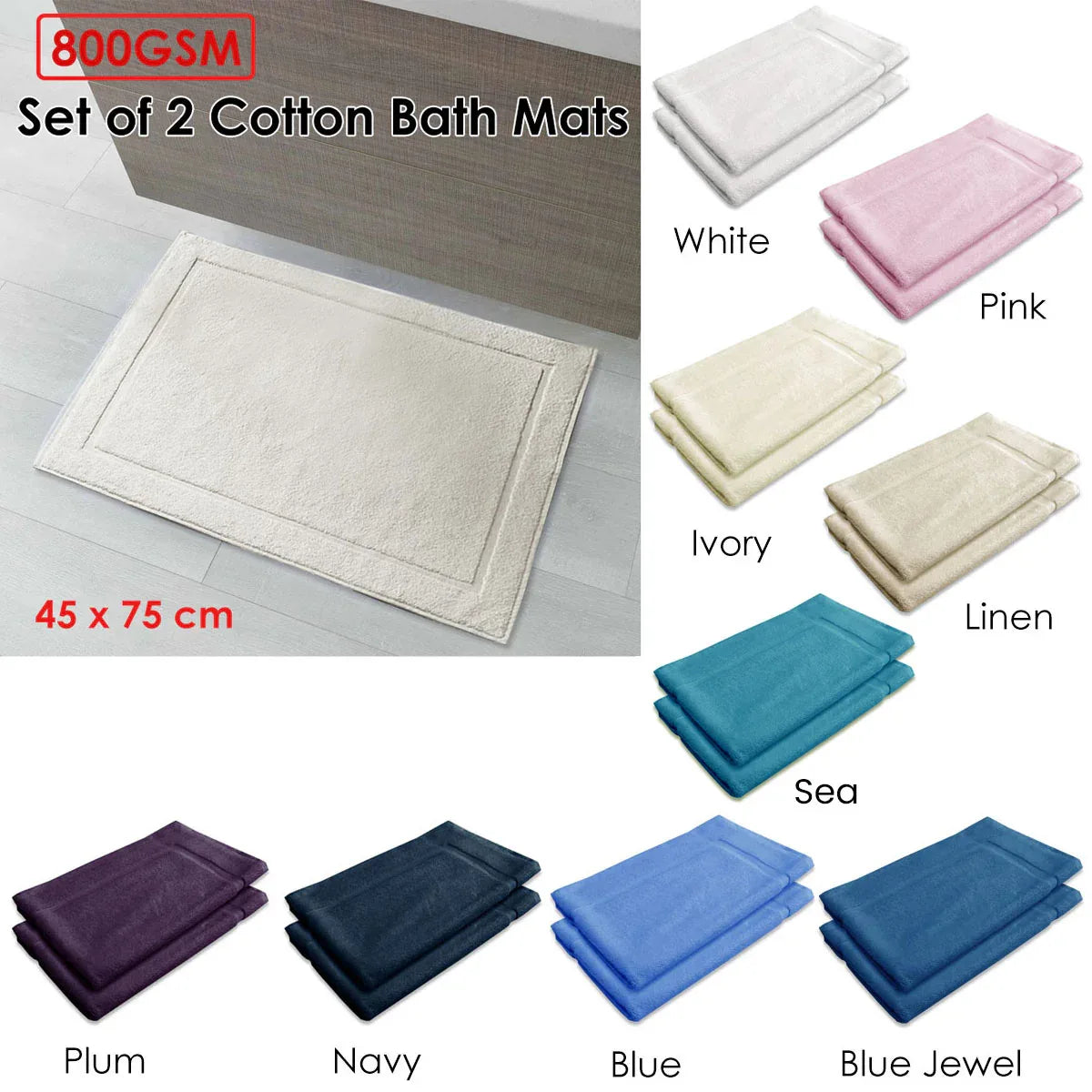 800GSM Set of 2 Cotton Bath Mat Blue Jewel - Mekamart Australia