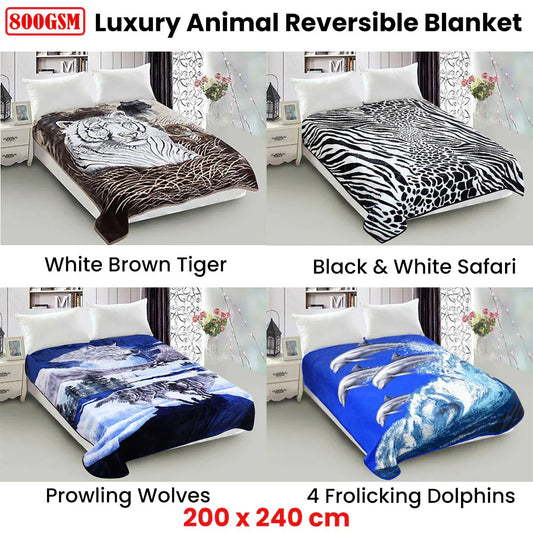800GSM Luxury Reversible Animal Mink Blanket Queen 200 x 240 cm White Black Safari - Mekamart Australia