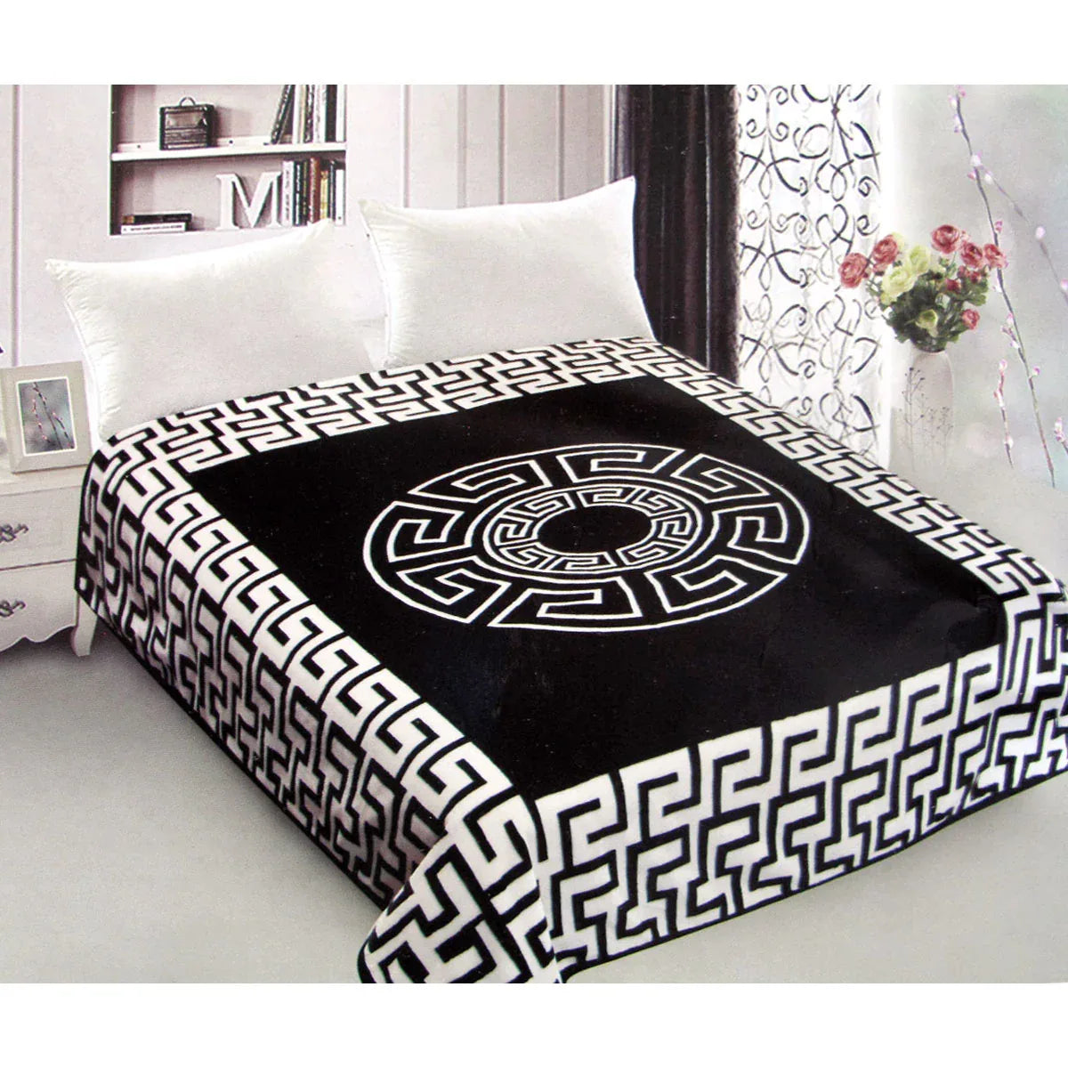 800GSM Luxury Reversible Mink Blanket Greek Key Black Queen 200 x 240 cm - Mekamart Australia