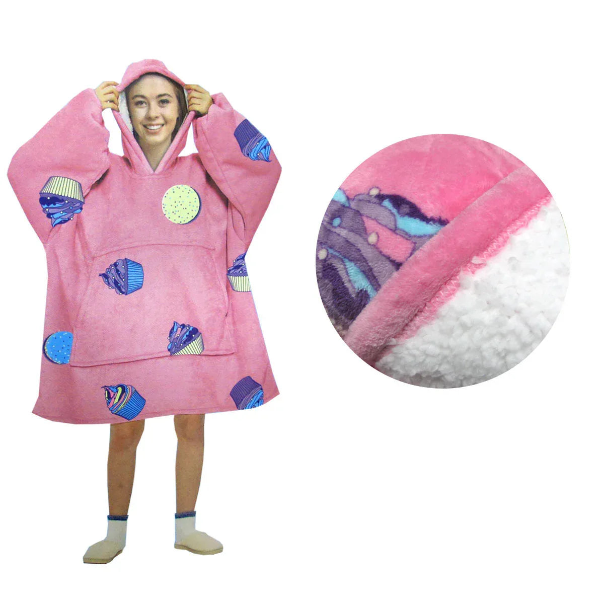 Blanket Hoodie with Sherpa Reverse Pink Cupcakes - Mekamart Australia