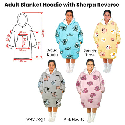 Adult Women Comfy Warm Blanket Hoodie with Sherpa Fleece Reverse Grey Dogs - Mekamart Australia