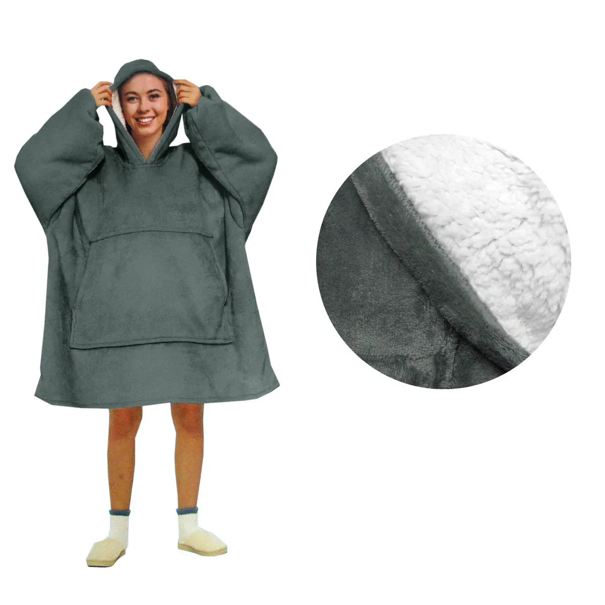 Blanket Hoodie with Sherpa Reverse Plain Dark Grey - Mekamart Australia
