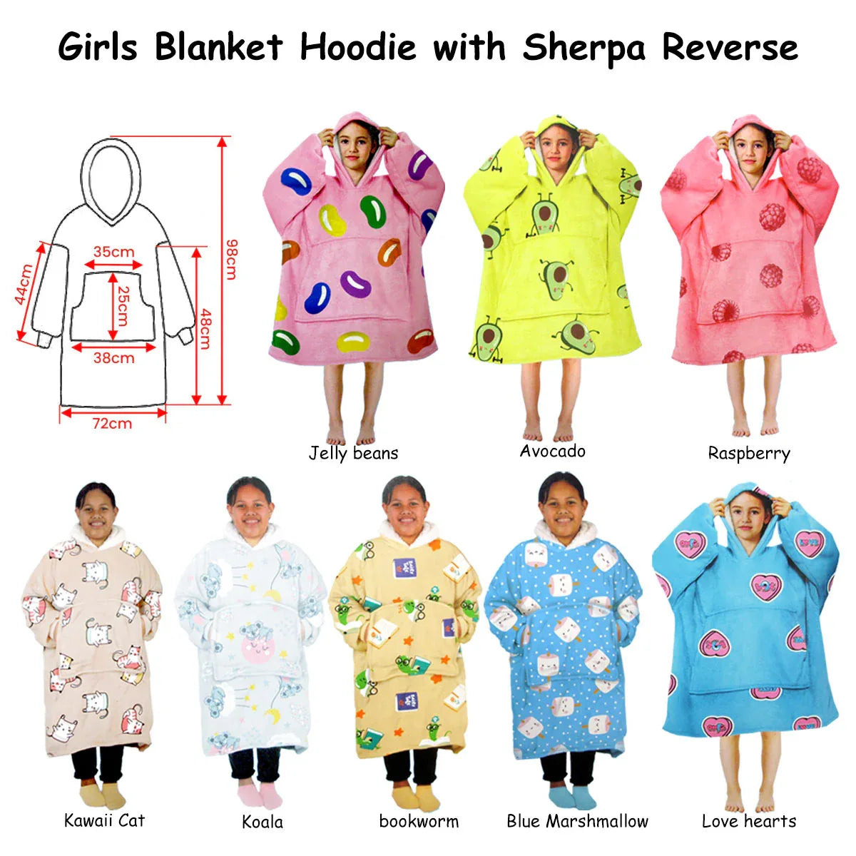 Girls Comfy Warm Blanket Hoodie with Sherpa Fleece Reverse Jelly Beans - Mekamart Australia