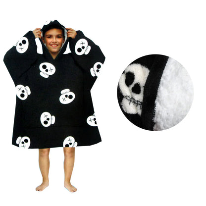 Blanket Hoodie with Sherpa Reverse Black Pirate Skulls - Mekamart Australia