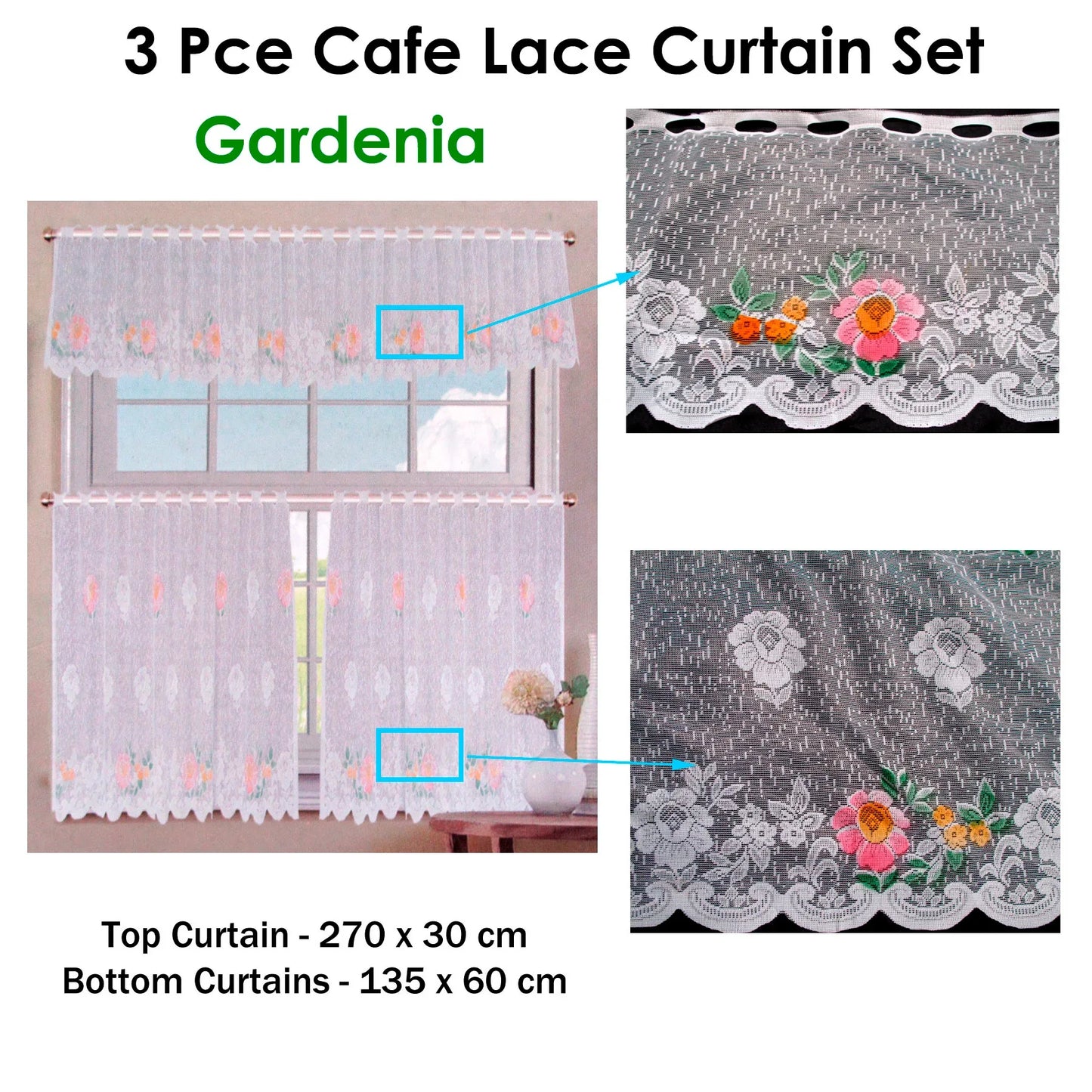 3 Pce Cafe Gardenia Lace Curtain Set - Mekamart Australia