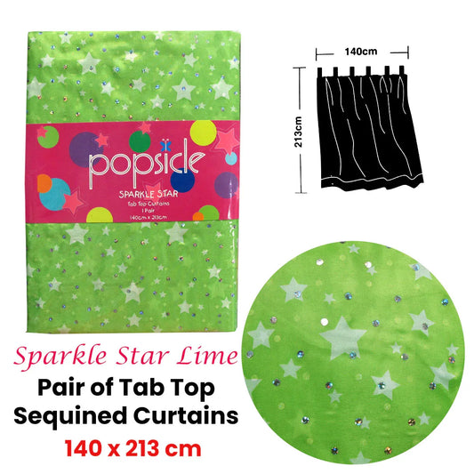 Pair of Organza Sequined Tab Top Curtains Sparkle Star Lime Green 140 x 213 cm - Mekamart Australia