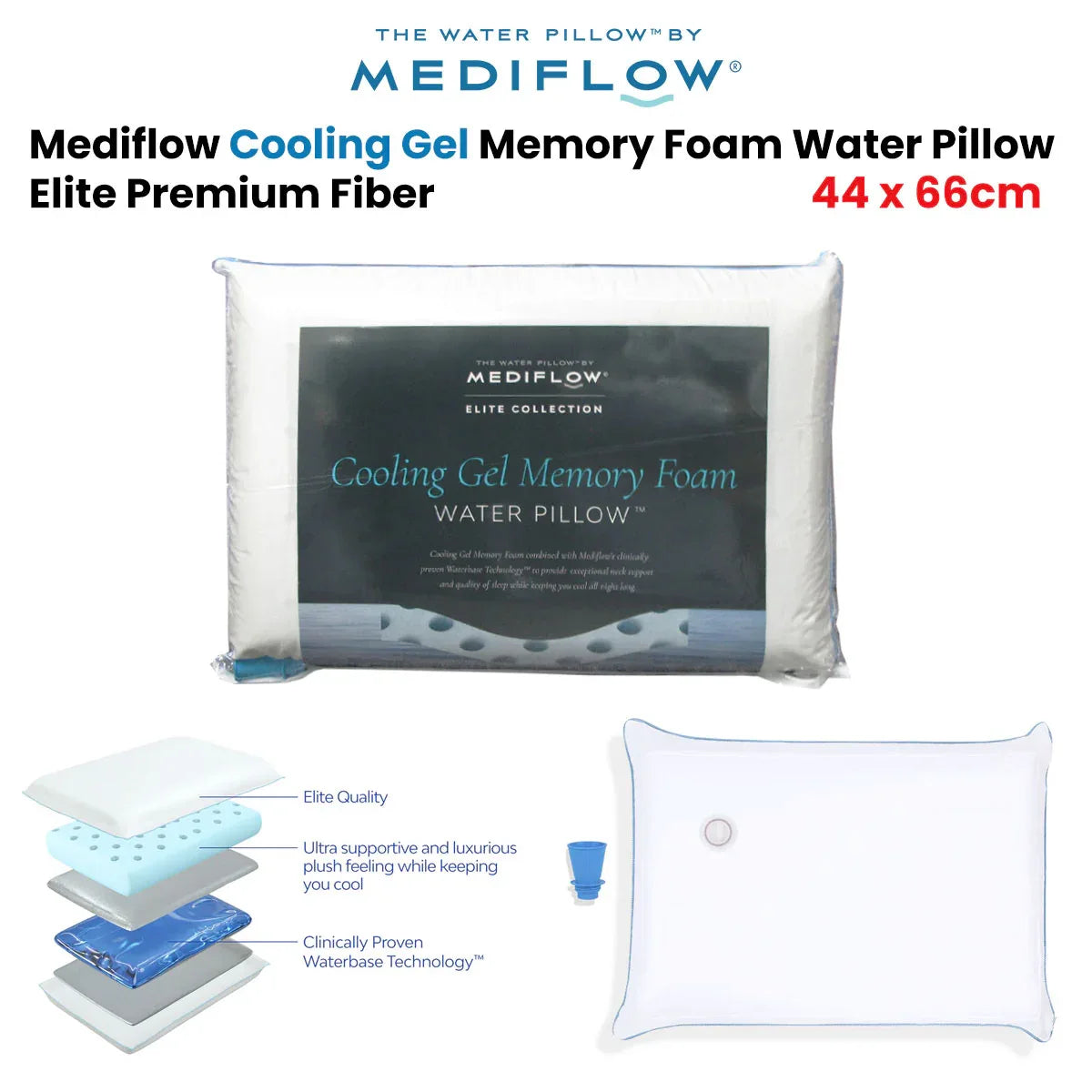 Mediflow Elite Premium Fiber Cooling Gel Memory Foam Water Pillow 44 x 66 cm - Mekamart Australia