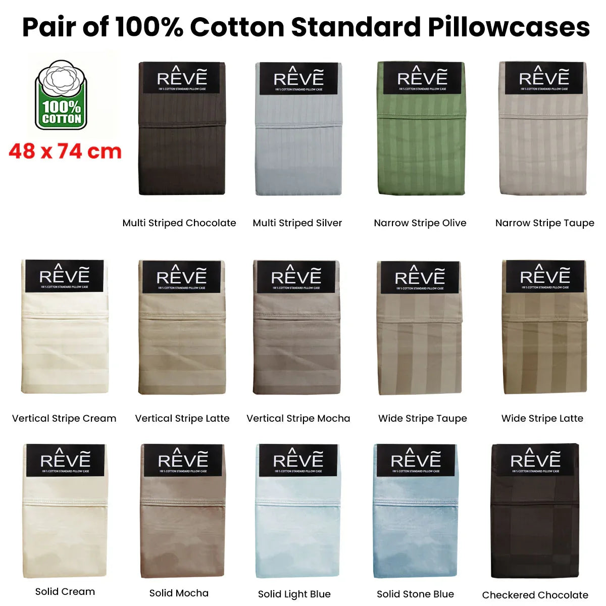 Pair of Reve 100% Cotton Standard Pillowcases 48 x 74 cm Wide Stripe Taupe - Mekamart Australia